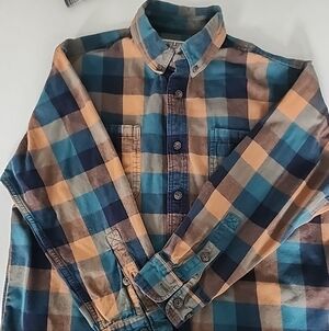 Duluth Trading Co Men's Plaid Shirt - Blue, Orange, Brown-Size Large-Relaxed Fit